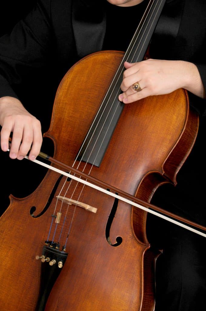 Detailed view of a musician playing the cello with focus on strings and bow.